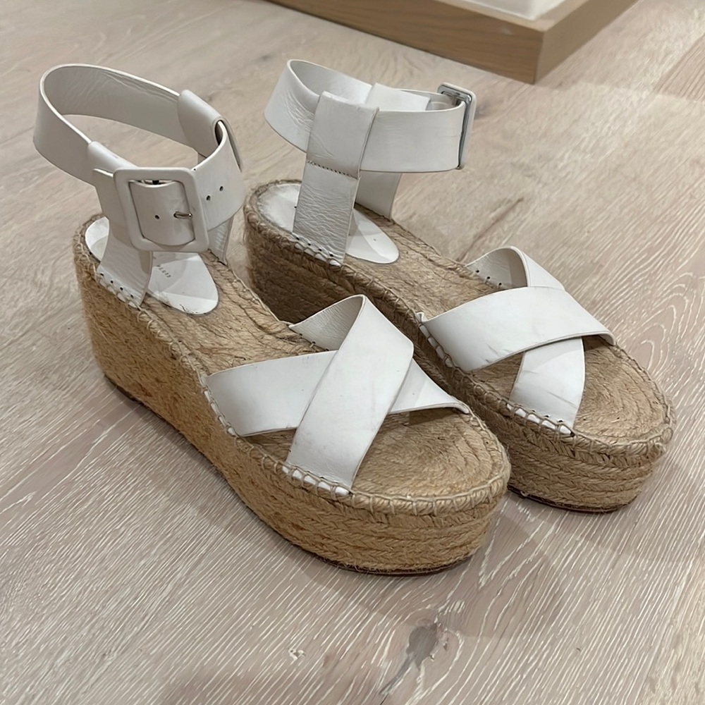 White leather Céline espadrille wedges with jute platforms